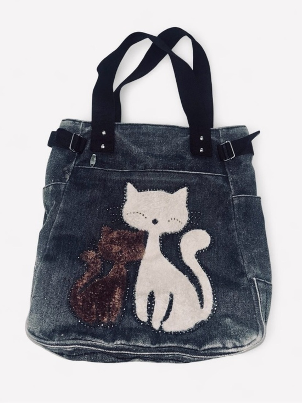 Kaukko Style Cute Black Denim Cat Tote Bag